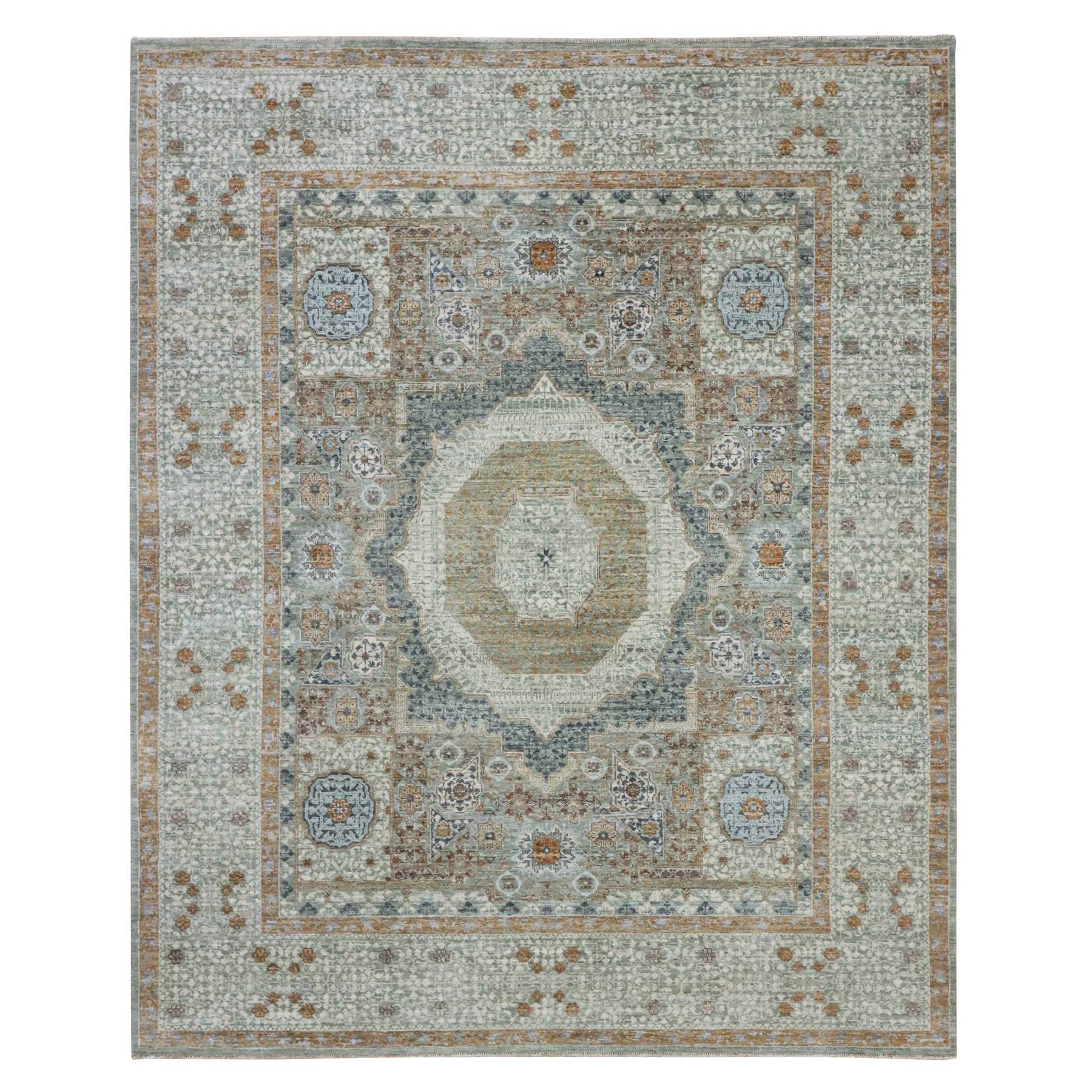 Pistachio Green, Natural Dyes, Hand Knotted, Pre Historic 14th Century Influence, Mamluk Design, Pure Wool, Oriental Rug